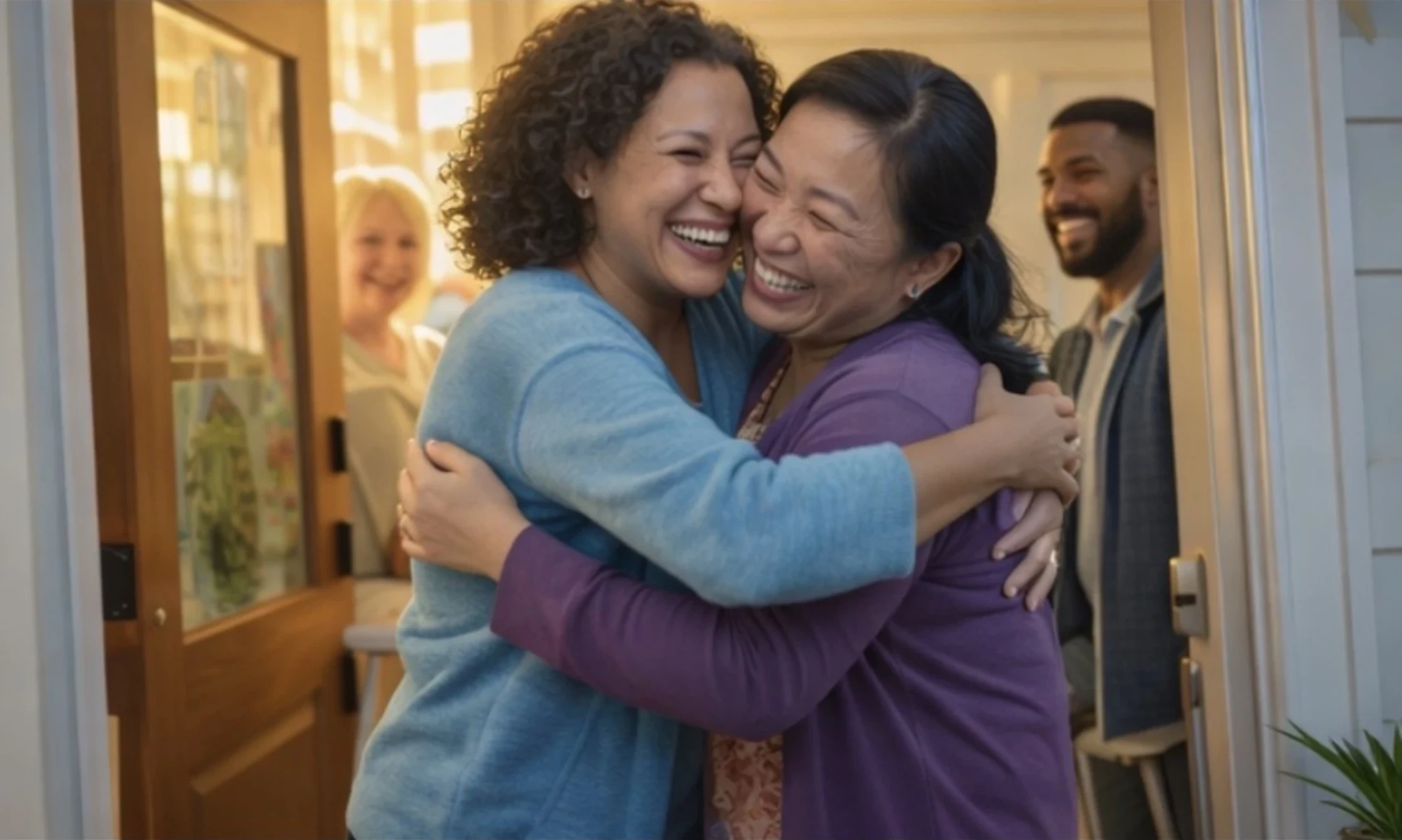a-welcome-hug-on-the-doorstep-with-chosen-family-relative-choice two women hugging on the doorstep - Relative Choice