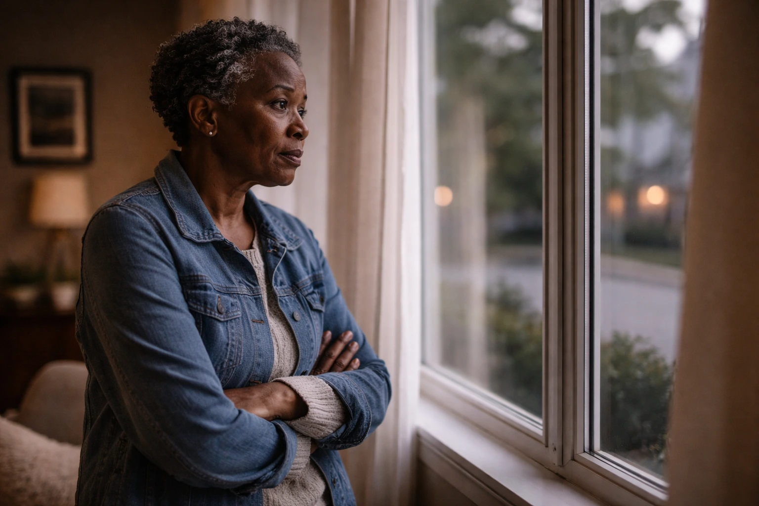 Woman looking out window