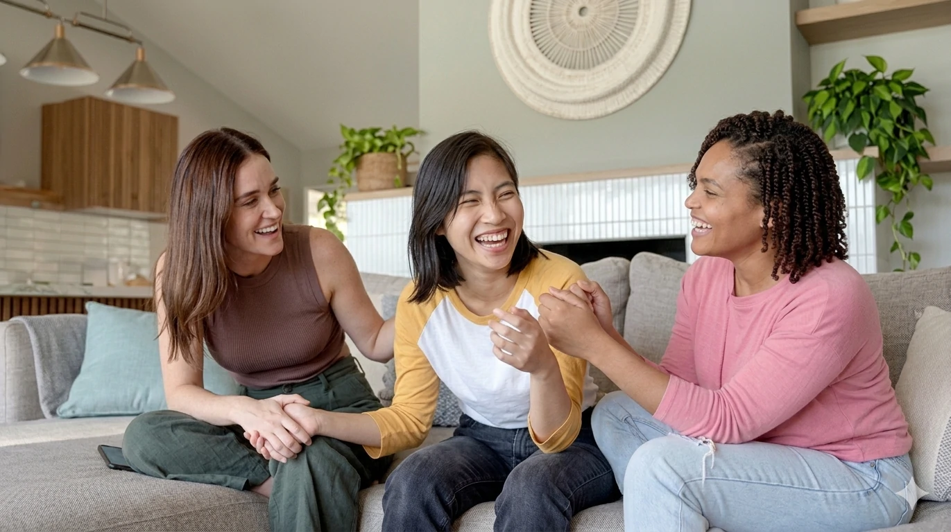 chosen family laughing together on the sofa - Relative Choice